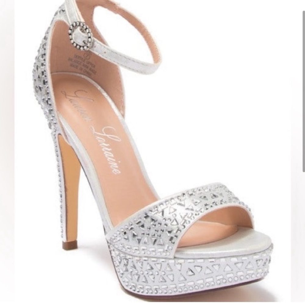 Laura Lorraine silver Eifel open toe rhinestoned embellished platform pump heels